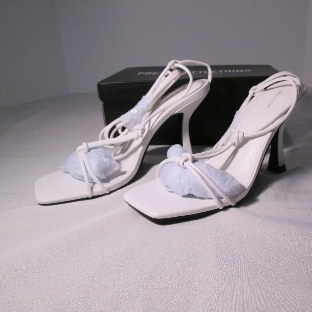 PrettyLittleThing Barely There Twisted Knot Lace Up Heeled Sandals Sz 7